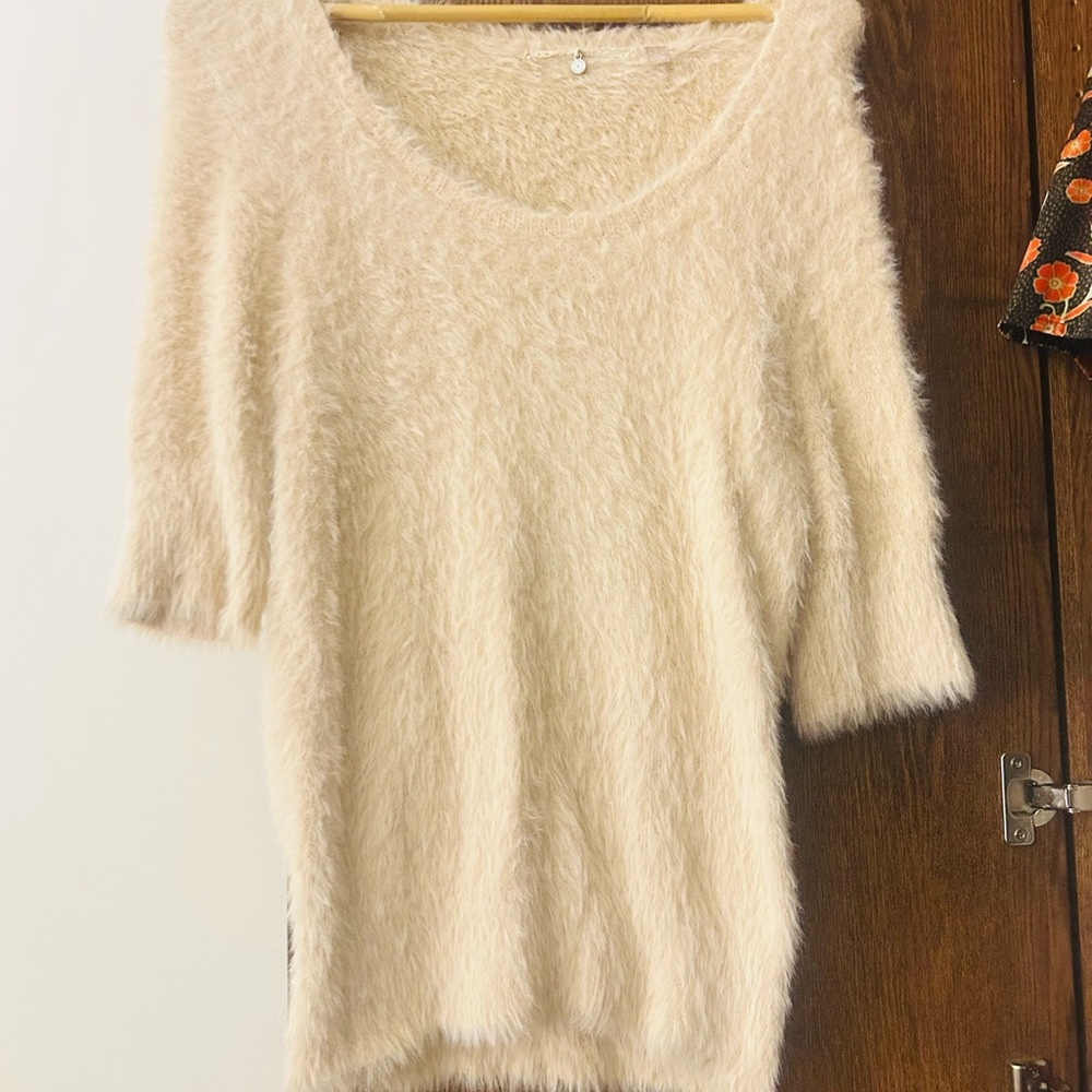 Fuzzy Cream Women's Sweater - Soft Short Sleeve Knit